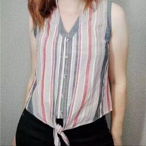 Drew Button Down Tie Front Linen Blend Sleeveless Top Large H